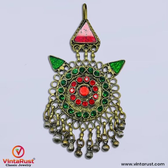 Red and Green Mang Tikka, Handmade Dangling Bells Tikka, Afghan Hair Jewelry, main image 4